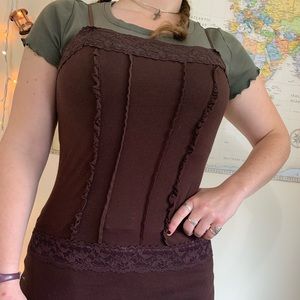 Lacey, ruffled brown camisole top.